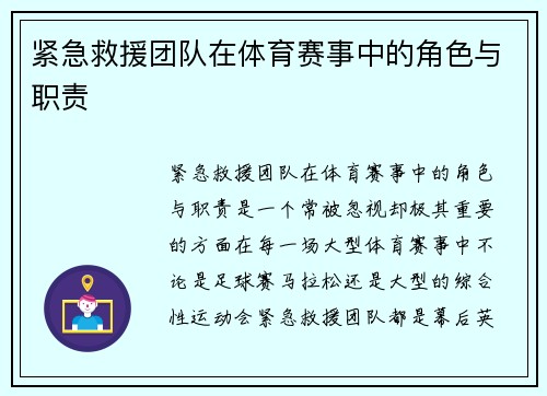 紧急救援团队在体育赛事中的角色与职责